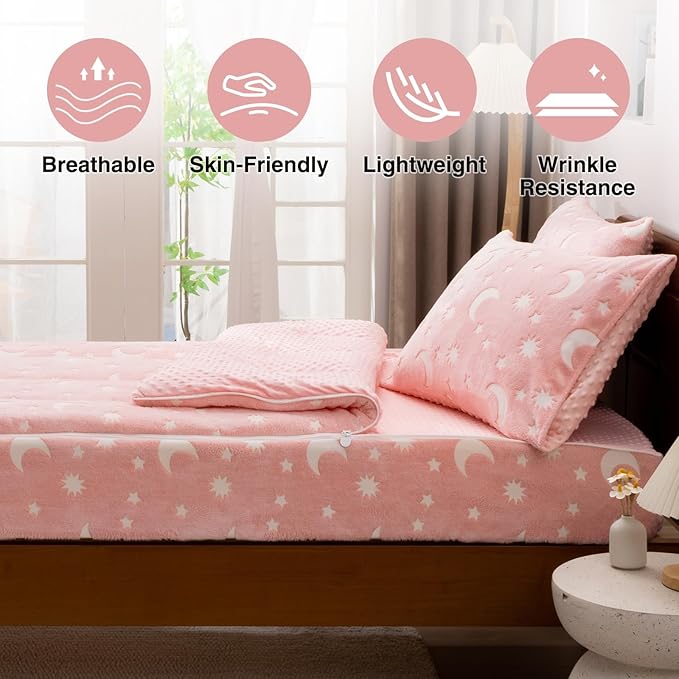 A Nice Night Star Moon Plush Zippered Comforter Set Zipper Bedding Glow in The Dark for Child, Twin,Pink
