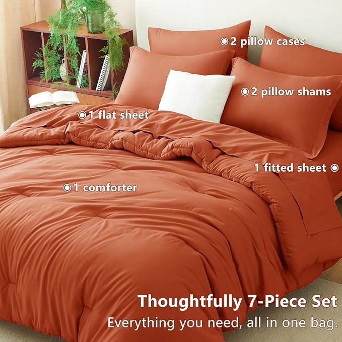 CozyLux King Comforter Set Burnt Orange, 7 Pieces Bed in a Bag Terracotta Comforter Set with Sheets, All Season Boho 7PC Bed Sets with Comforter, Fitted Sheet, Flat Sheet, Pillow Shams and Pillowcases
