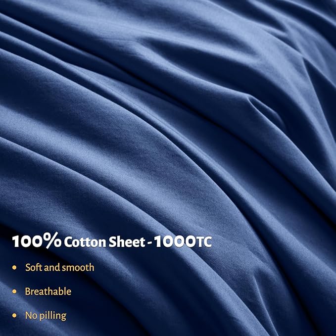 Shilucheng 100% Cotton King Size Sheets Set - 1000 Thread Count，Luxury Cotton Bed Sheets，Breathable & Cooling Bedding and Pillow Cases, 16 Inch Deep Pocket - 4 Piece (Navy Blue, King)