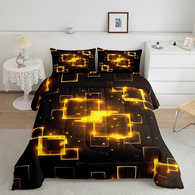 Feelyou Kids Golden Black Geometrics Bedding Set Twin Size, Light Honeycomb Comforter Set Geometrics Comforter for Boys Girls Abstract Duvet Insert Microfiber Bed Set