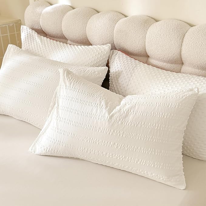 Boho Comforter Set King Size Striped Pleats Bohemian Seersucker Bedding Set All Season Soft Cozy 3 Pieces Quilt with 2 Pillowcases(104"X90" White)
