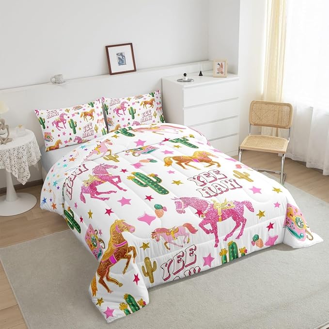 Feelyou Pink Glitter Cowgirl Decor Comforter Set Toddler Size for Girls Adults Cowboy Horse Boots Print Kids Kawaii Bedding Set Girly Whitewooden Farmhouse Quilt Set with 1 Pillowcase