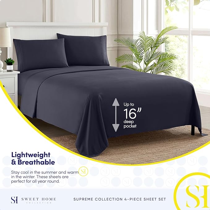 King Size Sheets - Breathable Luxury Bed Sheets with Full Elastic & Secure Corner Straps Built In - 1800 Supreme Collection Extra Soft Deep Pocket Bedding Set, Sheet Set, King, Navy
