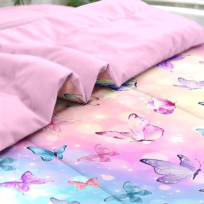 Comforter Set Twin Size, Pink Blue Butterfly 5 Pcs Bedding for Kids and Adults, Purple Colorful Rainbow Bed Sheet Sets with Fitted Sheet Pillowcase & Sham for Bedroom Bed Decor