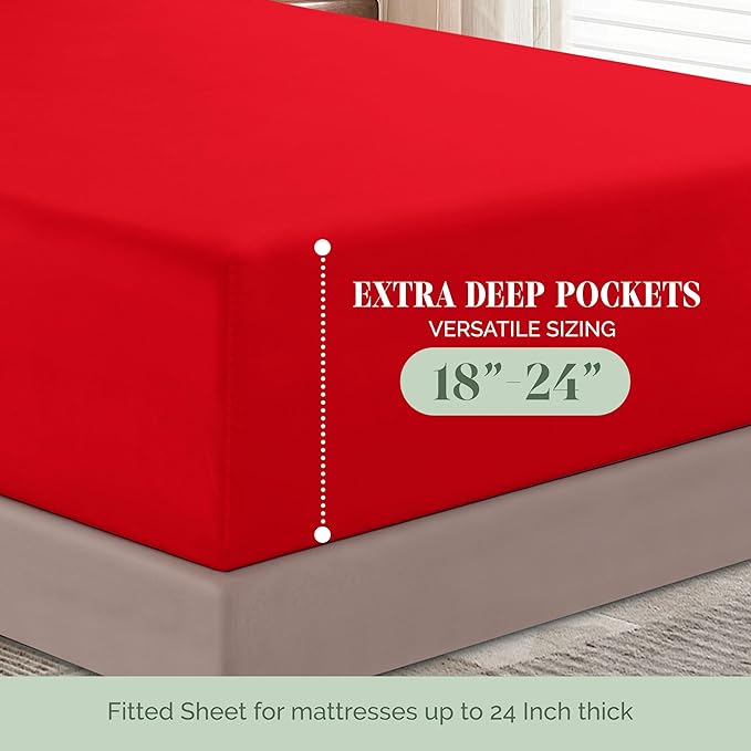 Elegant Comfort Luxurious 1500 Premium Hotel Quality Microfiber 4-Piece Sheet Set, 18-24 Inches Deep - Extra Deep Pocket Sheets - Ultra Soft 4PC Deep Pocket Sheets, Full, Red