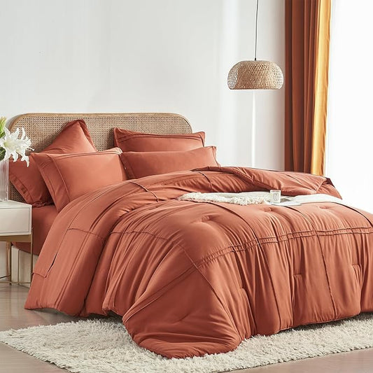 Yogeneg King Size Comforter Set 7 Piece Bed in a Bag,Grid Pinch Pleat Terracotta Bedding Set,Striped Textured Soft Microfiber Comforter with Sheet Set,All Season Complete Bed Set(Terracotta,King)