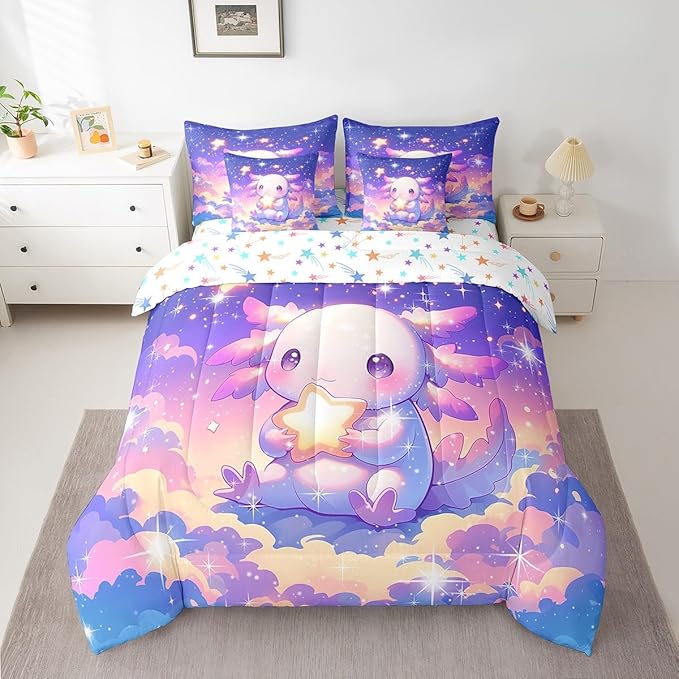 Feelyou Kids Cute Axolotl Bed in A Bag King Size, Galaxy 7 Pieces Bedding Set Boys Girls Cartoon Salamander Comforter Set with Sheets Kawaii Animal Teens Bed Set Bedroom Decor 7Pcs