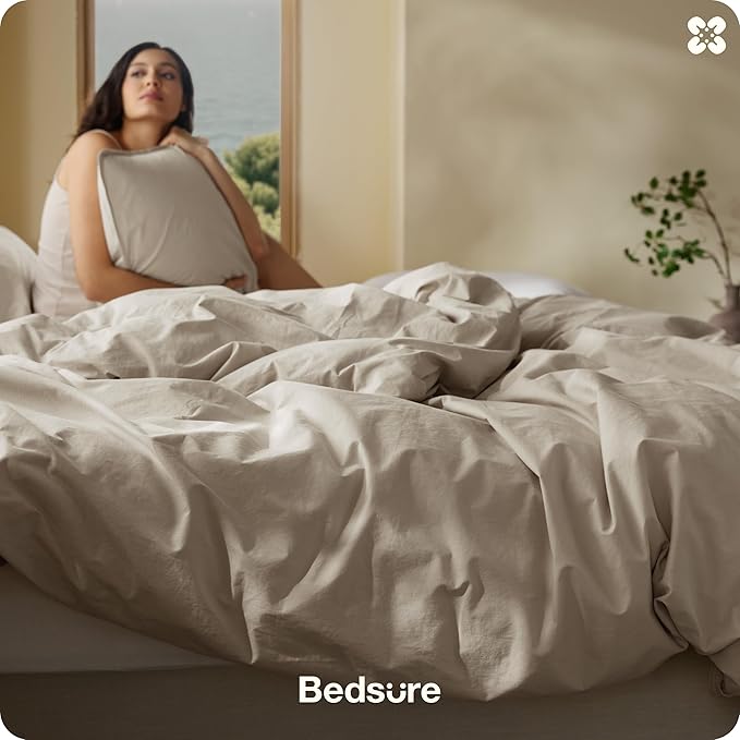 Bedsure Cotton Duvet Cover Oversized King - Luxury Slub Weave 100% Cotton Duvet Cover with a Linen Like Textured, Easy Change Durable Bedding, Tannish Linen Grey, 120" x 98"