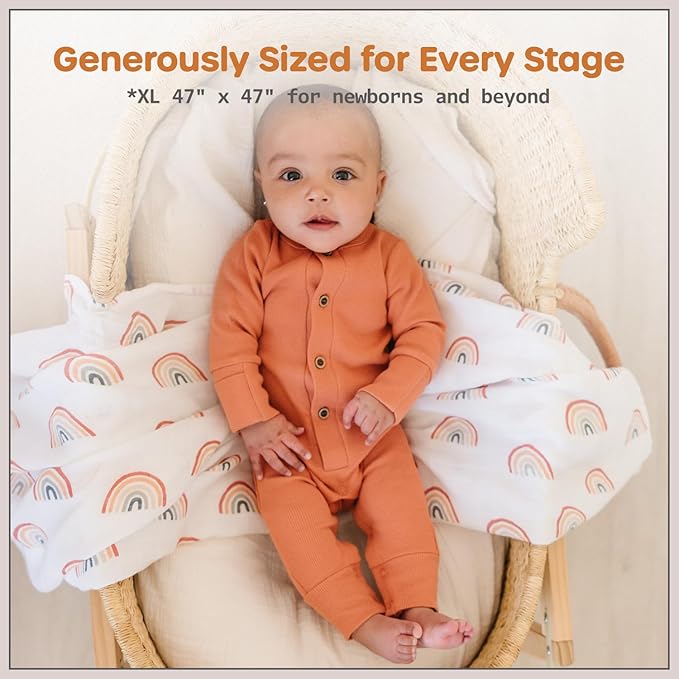Organic Baby Muslin Swaddle Blankets for Boy or Girl - Sun and Rainbow Swaddling Blanket 2 Pack - Soft Muslin, XLarge and Breathable, Boho Baby, 47" X 47"