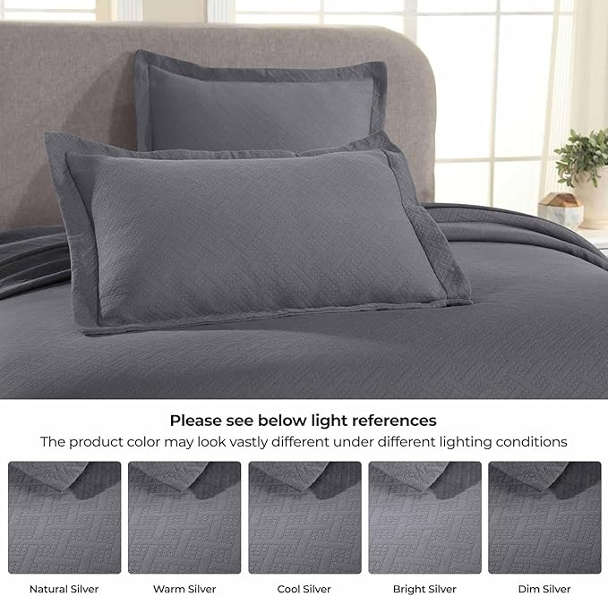 Superior 3 Piece Basketweave Cotton Bedspread Set, Home Bed Decor, Decorative Bed Spread, 2 Pillow Shams, Medium Weight Blanket, Matelasse Coverlet Bedding, Geometric Lattice Pattern, Full, Grey