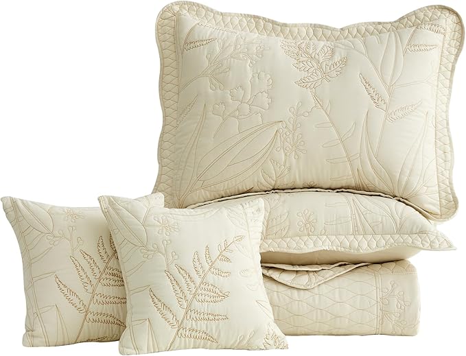 Botanical Bedspread Full Size - Leaves Pattern Stitching Quilt Set - Elegant & Fresh Style Bedding Coverlets, Reversible, Lightweight, 5 Piece, Ivory