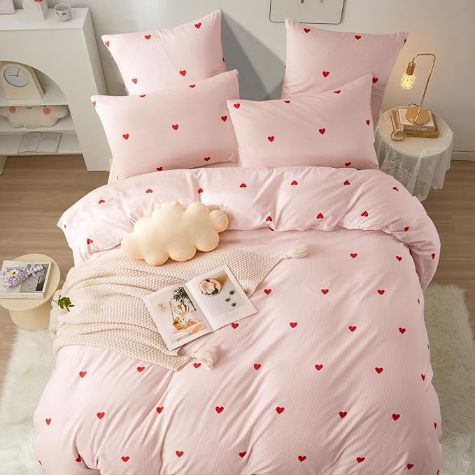Nayoroom Full Size Cute Red Heart Pink Striped Duvet Cover Set with Zipper Closure Soft Breathable Microfiber 3Pcs Kids Girls Kawaii Heart-Shaped Comforter Cover