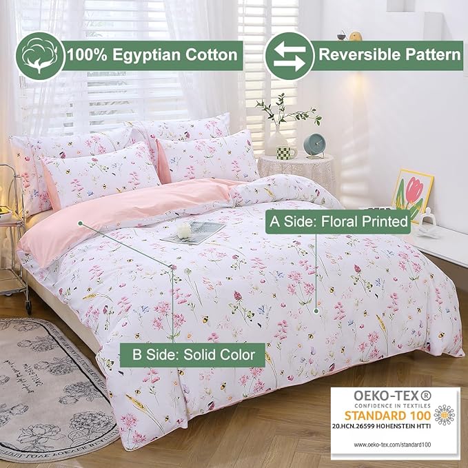URBONUR Girls Duvet Cover Set Twin Size 3PCS Pink Flowers Cute Animals Bees Printed Bedding Sets for Kids Teen, Soft Wrinkle Fade Resistant Bed Sets for Girls Bedroom Decor