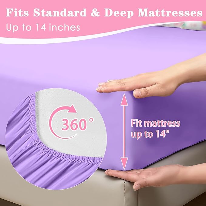 Comforter Set Queen Size, Cute Dinosaur 7 Pcs Purple Bedding for Kids and Adults, Rainbow Happy Bed Sheet Sets with Fitted Sheet 2 Pillowcase & 2 Sham for Bedroom Bed Decor