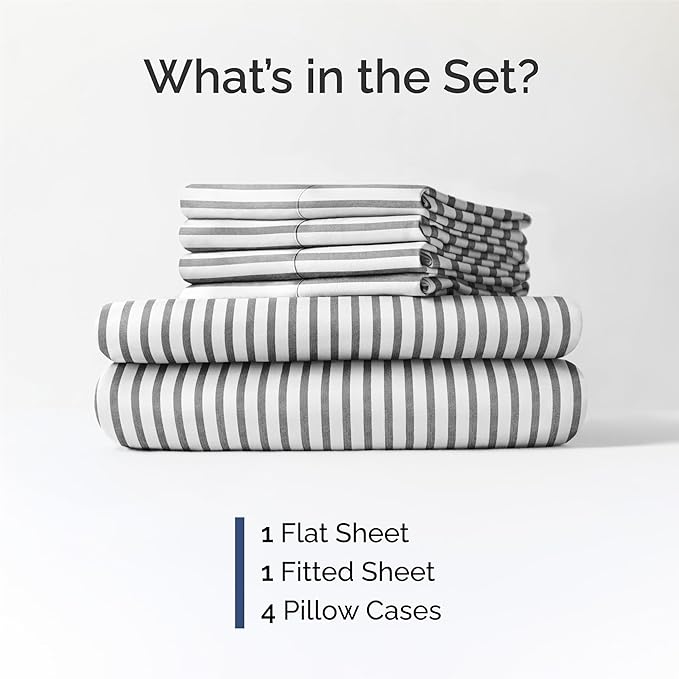 King 6 Piece Sheet Set - Comfy Breathable & Cooling - Soft Hotel Luxury Bedding Set with 8-16 Inch Deep Pockets - 1 Flat & 1 Fitted Sheet & 4 Pillowcases - Wrinkle Free & Easy Care - Grey Stripes 2