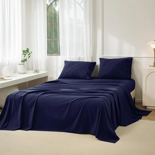 JIYUAN 100% Washed Cotton Sheet Set 4 Pieces Queen,1 Fitted Sheet,1 Flat Sheet and 2 Pillowcases,Comfy and Breathable Linen Like Bedding Set,Navy Blue