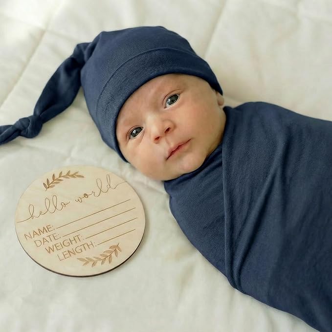 Large Jersey Knitted Swaddle Blanket for Baby, Soft Stretchy Receiving Blanket for Newborns with Hat, Baby Nursery Swaddle 47 x 47 inches(Navy)