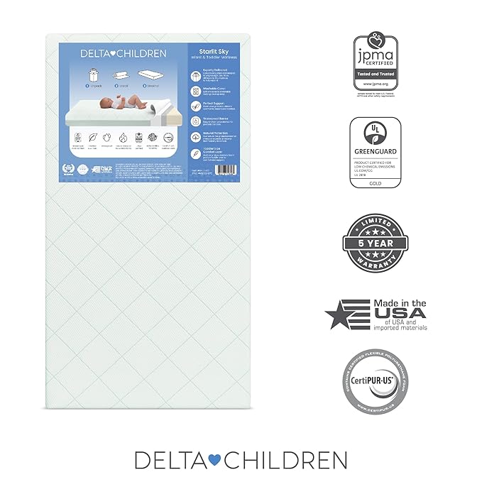 Delta Children Starlit Sky 2-Stage Crib and Toddler Mattress for Infants & Toddlers - Removable Machine Washable Mattress Cover - Waterproof - GREENGUARD Gold - Made in USA, Green