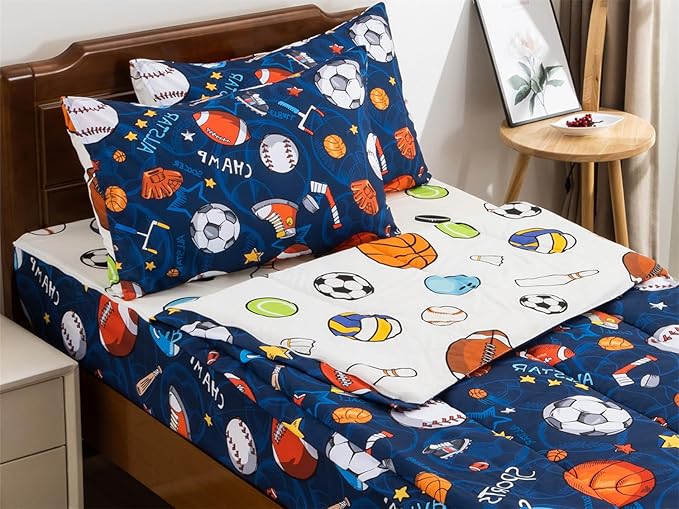 NTBED Sport Basketball Printed Zipper Bedding Sets Twin Lightweight Microfiber Football Comforter Sets with Fitted Sheet Pillow Covers,Blue