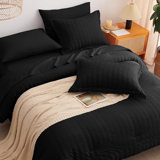 CozyLux King Size Comforter Set Black Seersucker 7 Pieces Bed in a Bag King Comforter Set with Sheets, Luxury Soft Bedding Set with Down Alternative Comforter, Sheets, Pillowcases & Shams All Seasons