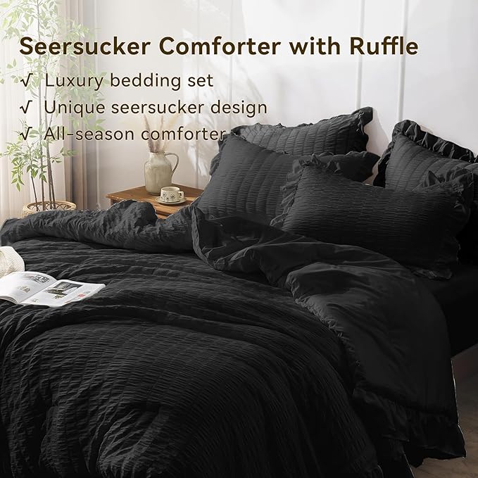 JOLLYVOGUE Black Twin Size Comforter Set, 2 Pieces Seersucker Lightweight Fluffy Bedding Set, Twin Ruffle Comforter, All Season Soft Microfiber Shabby Chic Bed Set