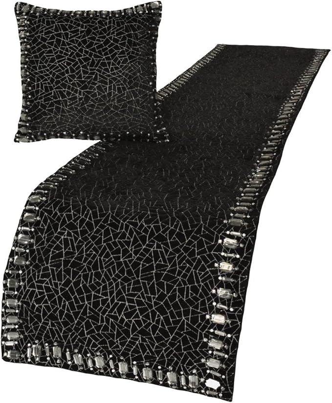 The HomeCentric King/Queen/Twin Black Decorative King 90"x18" Bed Runner with Pillow Cover, Mosaic & Crystal Bed Scarf on Velvet Fabric - Mosaic Noir