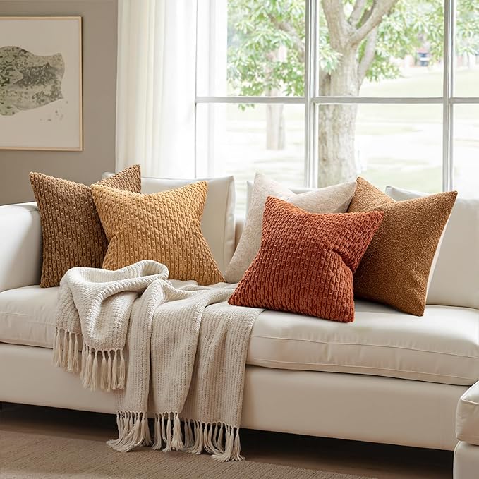 MIULEE Rust Throw Pillow Covers Soft Corduroy Decorative Set of 2 Boho Striped Pillow Covers Pillowcases Farmhouse Home Decor for Couch Bed Sofa Living Room 20x20 Inch
