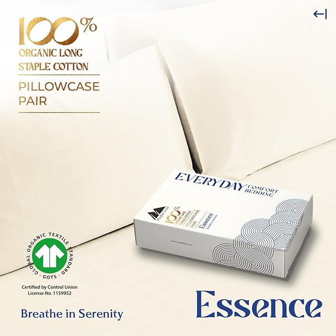 Mayfair Linen 100% Organic Cotton King Size Pillow Cases Set of 2 - Ultra Soft Hotel Quality King Pillow Covers, Authentic GOTS Certified, Crisp, Cooling Percale Weave Cotton Pillowcases - Ivory
