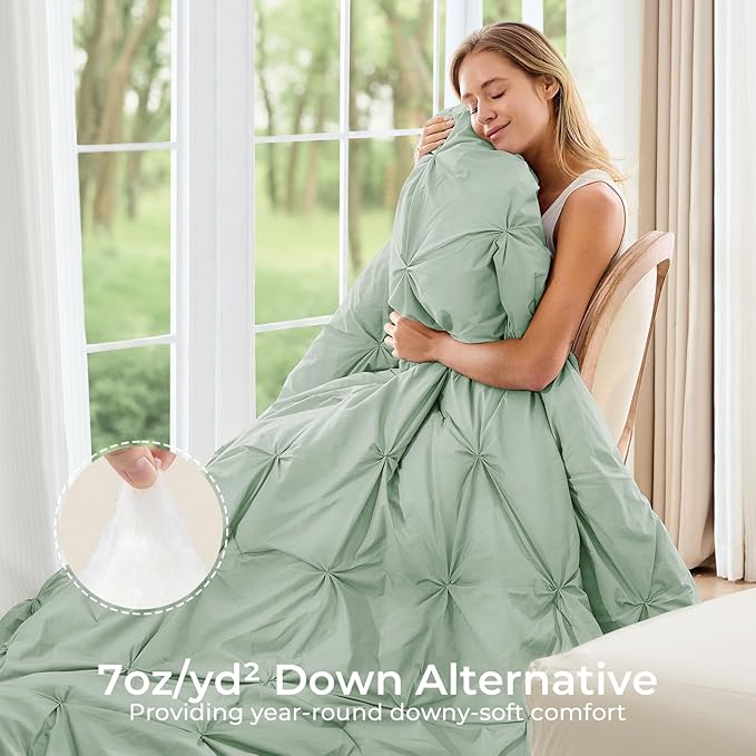 Sasttie King Size Comforter Set, 7-Piece Bed in a Bag, Pintuck Bedding Sets for All Season, Includes Comforter, Flat Sheet, Fitted Sheet, Pillowcases and Pillowshams, Sage