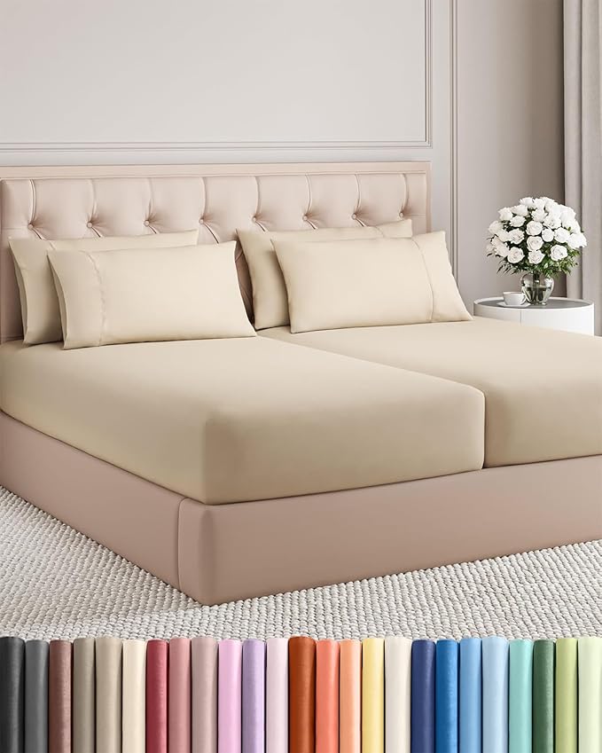 Split King 7 Piece Sheet Set - Comfy Breathable & Cooling - Ultra-Soft Hotel Luxury Bedding Set w/ 8-16 Inch Deep Pockets - 1 Flat & 2 Fitted Sheet & 4 Pillowcases - Wrinkle Free & Easy Care - Wheat
