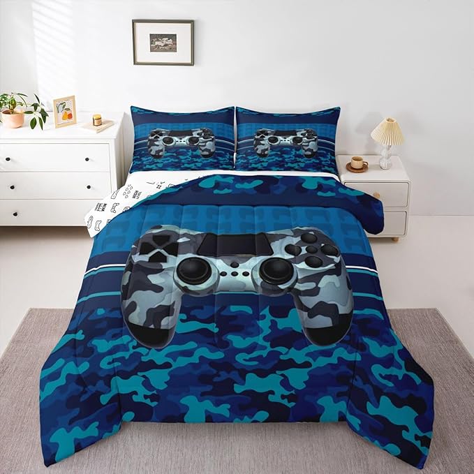 Feelyou Gamer Comforter Set Camouflage Gaming Video Game Bedding Set for Kids Boys Children Blue Camo Gamer Console Comforter Soft Gamepad Decor Quilt Set Queen Size