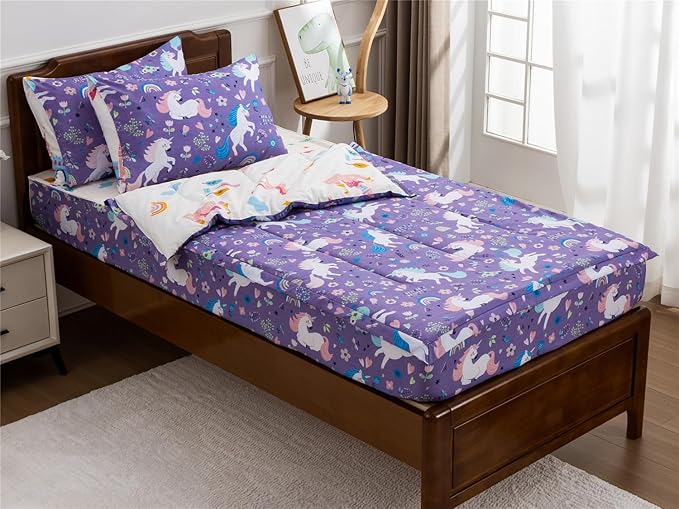 NTBED Unicorn Printed Zipper Bedding Sets Full Lightweight Microfiber Floral Comforter Sets with Fitted Sheet Pillow Covers,Purple