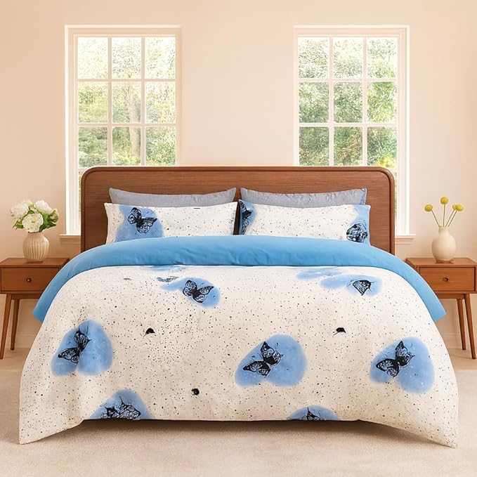 Blue Duvet Cover Set King Blue Butterfly Cornflower Floral Reversible Bedding Microfiber Soft Durable Comforter Cover Pillowcases Luxury Bedroom Apartment Home Decor Modern Bedding Machine Washable