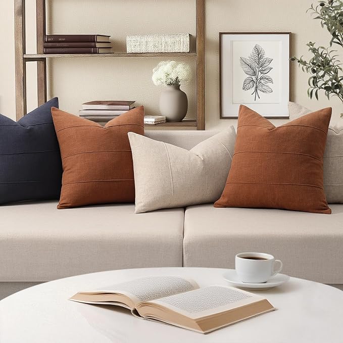 Decorative Linen Throw Fall Pillow Covers 24x24 Set of 2 Solid handcrafted Striped Cushion Covers for Bed Soft Modern Farmhouse Neutral Pillowcase for Couch Bedroom Living Room Home Fall Decor(Rust)