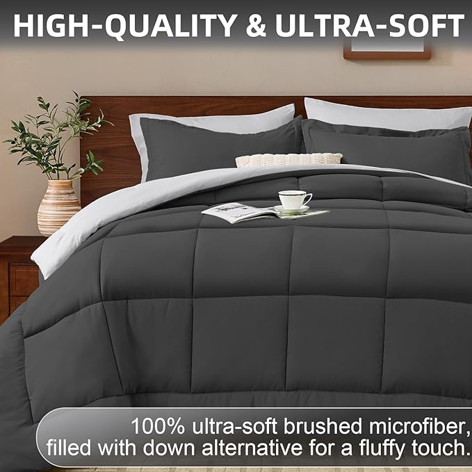 FUANNA Queen Comforter Set 7 Pieces, Reversible Bed in a Bag with All Season Soft Comforter, Bedding Sets Includes Comforter, Flat Sheet, Fitted Sheet, Pillowcases & Shams, Dark Grey & Light Grey