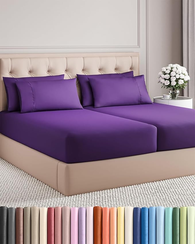 Split King 7 Piece Sheet Set - Comfy Breathable & Cooling - Ultra-Soft Hotel Luxury Bedding Set w/ 8-16 Inch Deep Pockets - 1 Flat & 2 Fitted Sheet & 4 Pillowcases - Wrinkle Free & Easy Care - Purple