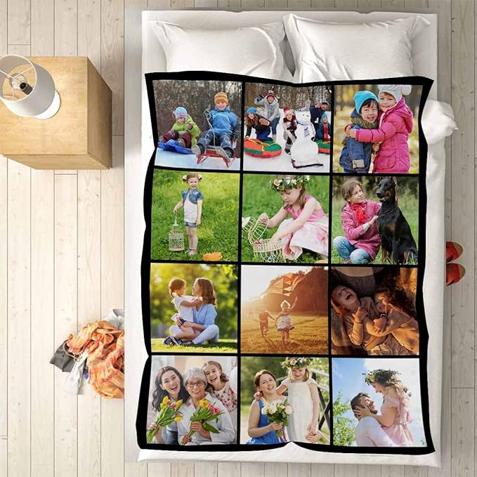 Picture Blankets Customized, 12 Photos Personalized Blankets Customized Gifts Personalized Family Mom Pictures Blankets for Dad Family, 8 Sizes