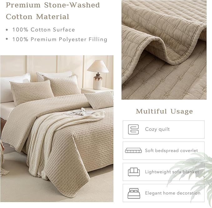 CozyTide Oversized King Bedspread 128"x120",Stone-Washed Cotton Wheat King Quilt Bedding Set Oversized,3 Pieces Soft Lightweight Extra Large Farmhouse Bedspread & Coverlet Sets