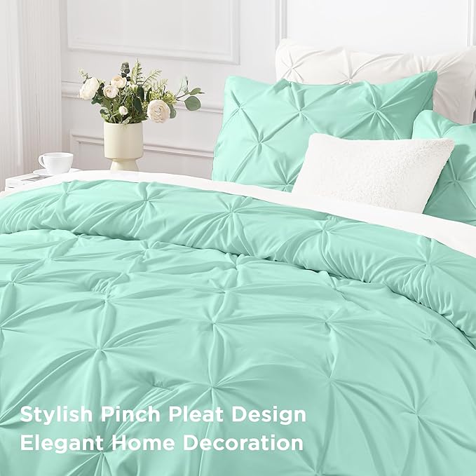 Andency Mint Green Queen Comforter Set, 3 Piece All Season Decorative Pintuck Bedding Comforter & Sets, Mint Green Soft Microfiber Lightweight Washable Bed Set for Queen Size Bed