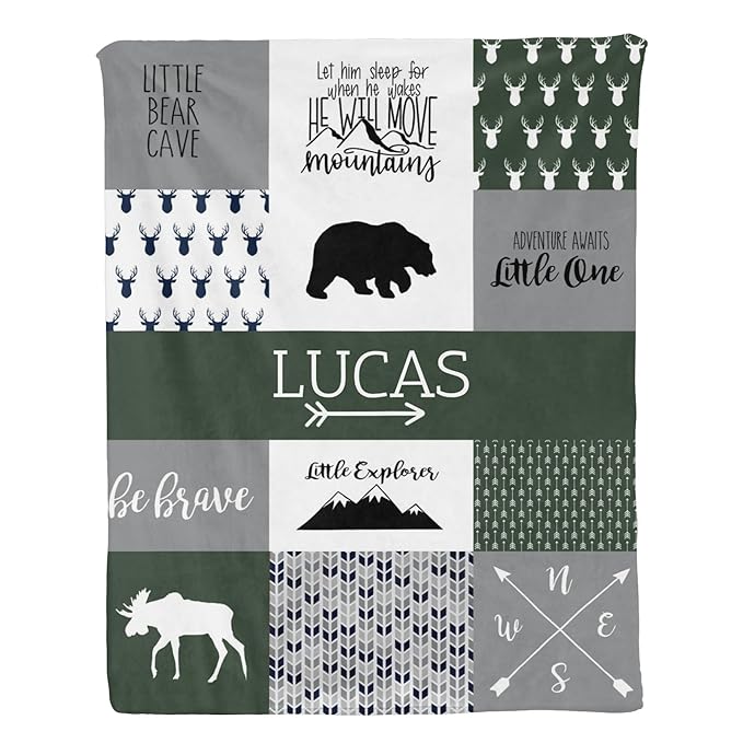 Personalized Baby Blanket Cute Animal Blanket for Boys - Soft Double Layer with Dotted Backing, Toddler to Newborn, Shower Gifts, Bronze Green (35 X 45 inches)