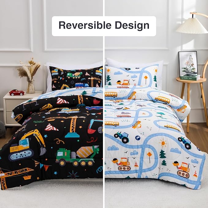 Holawakaka Trucks Tractors Cars Boy Bedding Comforter Set with Sheets, Twin Size Cartoon Construction Car Excavator Print Kids Bed in A Bag 5-Piece, Boys Reversible Dorm Bed Sets (Black Twin)