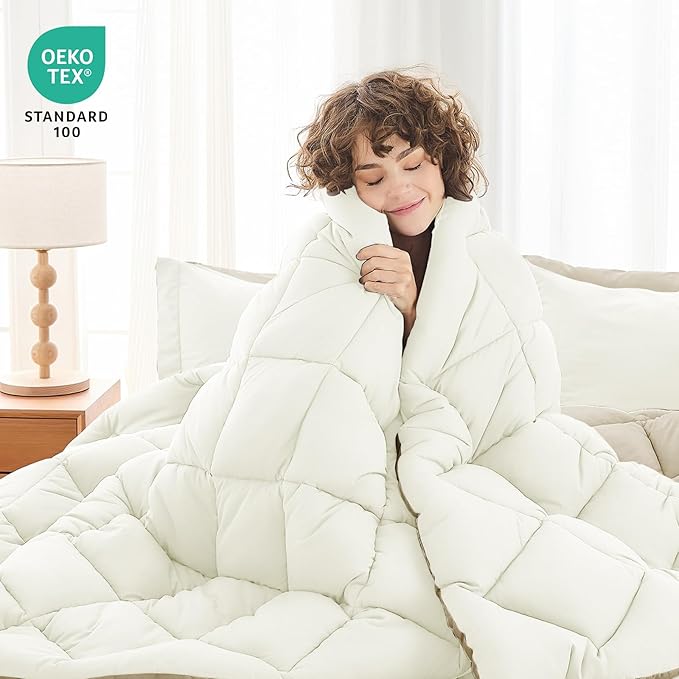 MUXHOMO 5 Pieces Twin Comforter Set, Reversible Bed in a Bag Twin Size, All Season Bedding Set with Comforter, Flat Sheet, Fitted Sheet, Pillowcases & Shams, Ivory & Khaki