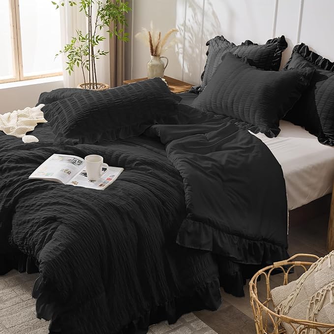 JOLLYVOGUE Black Twin Size Comforter Set, 2 Pieces Seersucker Lightweight Fluffy Bedding Set, Twin Ruffle Comforter, All Season Soft Microfiber Shabby Chic Bed Set