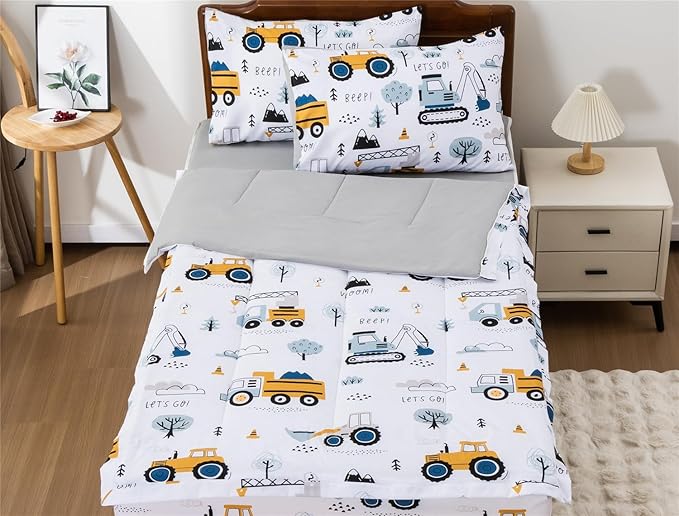 Meeting Story 3pcs Kids Comforter Sets Zipper Bedding Set for Boys,Twin Kid Bedding Set Car Comforter Construction Bedding for Kid,All in one Zipper Bedding（White,Twin）