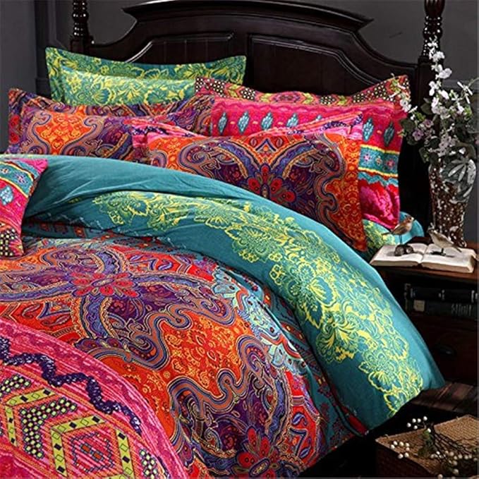ABREEZE 3Pcs Bohemia Retro Bedding Ethnic Vintage Floral Duvet Cover Boho Bedding 100% Brushed Cotton Bedding Sets Damask Paisley Coloful Mandala Down Comforter Cover,Full
