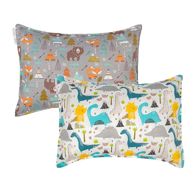 ALVABABY Toddler Pillowcases 2 Pack Organic Cotton Kids Pillow Cover Fit 13"x 18" or 12"x16" Envelope for Girl Boy Sleepy Travel Dinosaur Bear(Pillowcase Only)