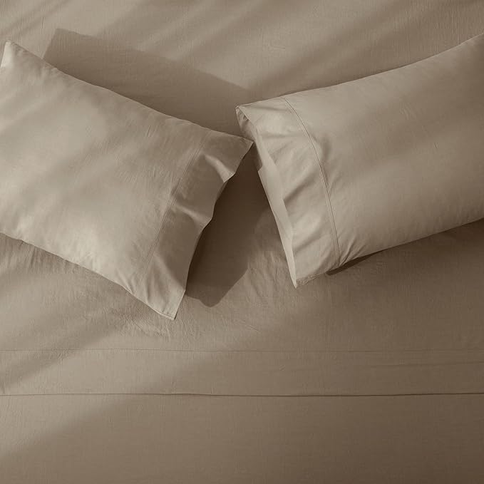 JIYUAN 100% Washed Cotton Sheet Set 4 Pieces Cal King,1 Fitted Sheet,1 Flat Sheet and 2 Pillowcases,Comfy and Breathable Linen Like Bedding Set,Khaki
