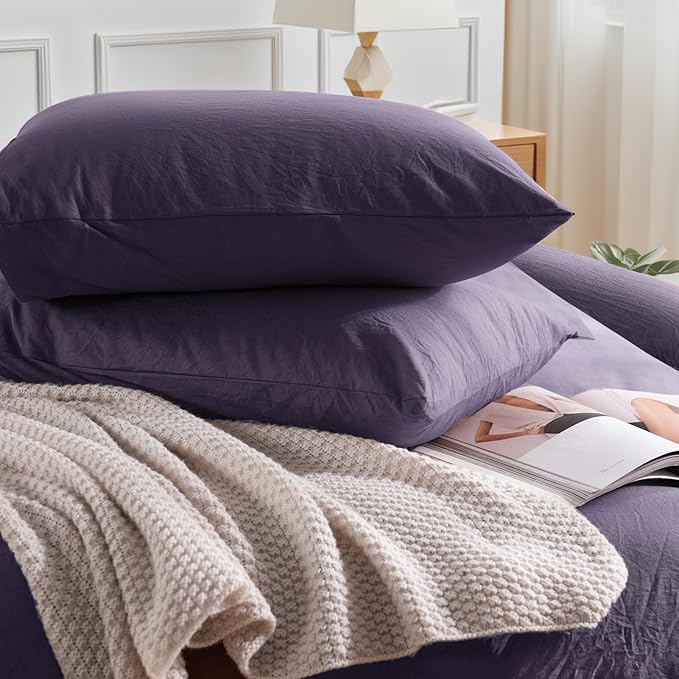 NEXHOME PRO 100% Washed Cotton Duvet Cover Full Size, Ogranic Natural Linen Feel Breathable Bedding Set with Zipper Closure, 3 Pieces Duvet Cover Set Eggplant (No Comfortert) 8090