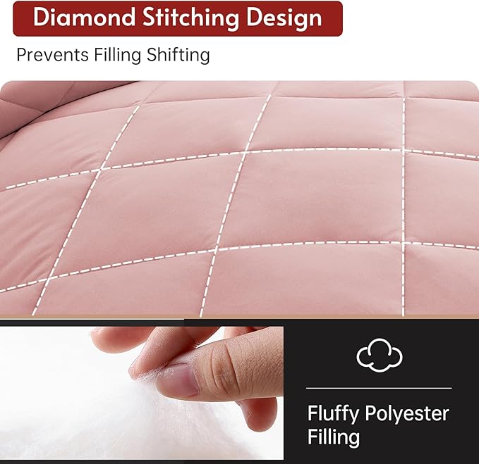 MUXHOMO 7 Pieces Oversized Queen Comforter Set, Reversible Bed in a Bag Oversized Queen Size, All Season Bedding Set with Comforter, Flat Sheet, Fitted Sheet, Pillowcases & Shams, Pink & Light Grey