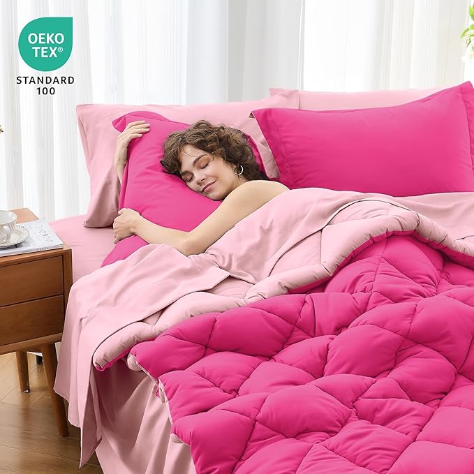 MUXHOMO 7 Pieces California King Comforter Set, Reversible Bed in a Bag Cal King Size, All Season Bedding Set with Comforter, Flat Sheet, Fitted Sheet, Pillowcases & Shams, Hot Pink & Baby Pink